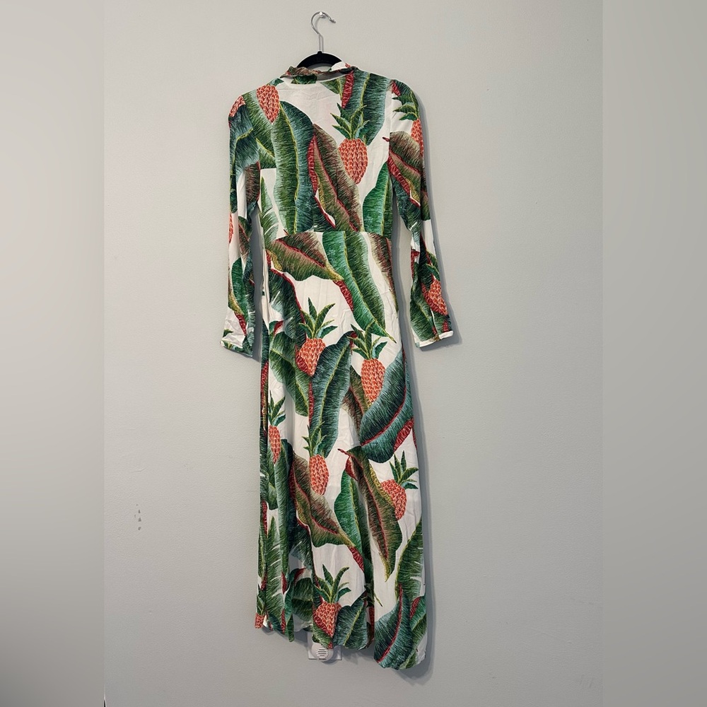 Long Sleeve Maxi Dress with Tropical Pineapple Print - Green/White/Coral - Picture 5 of 8